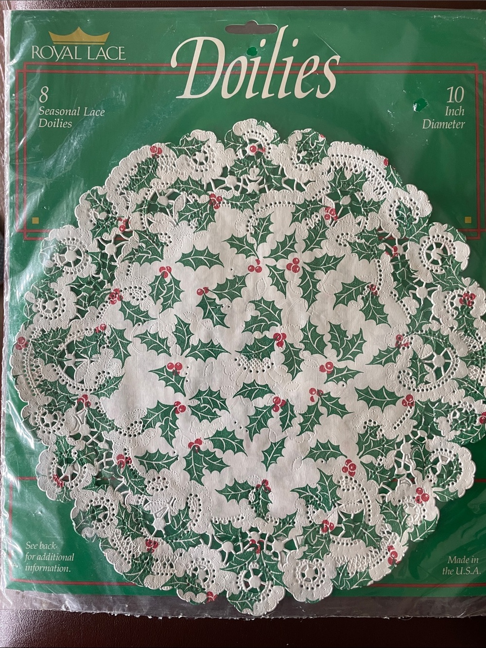 VTG Royal Lace Holly Seasonal 10" Lace Doilies Pk of 8 SEALED!